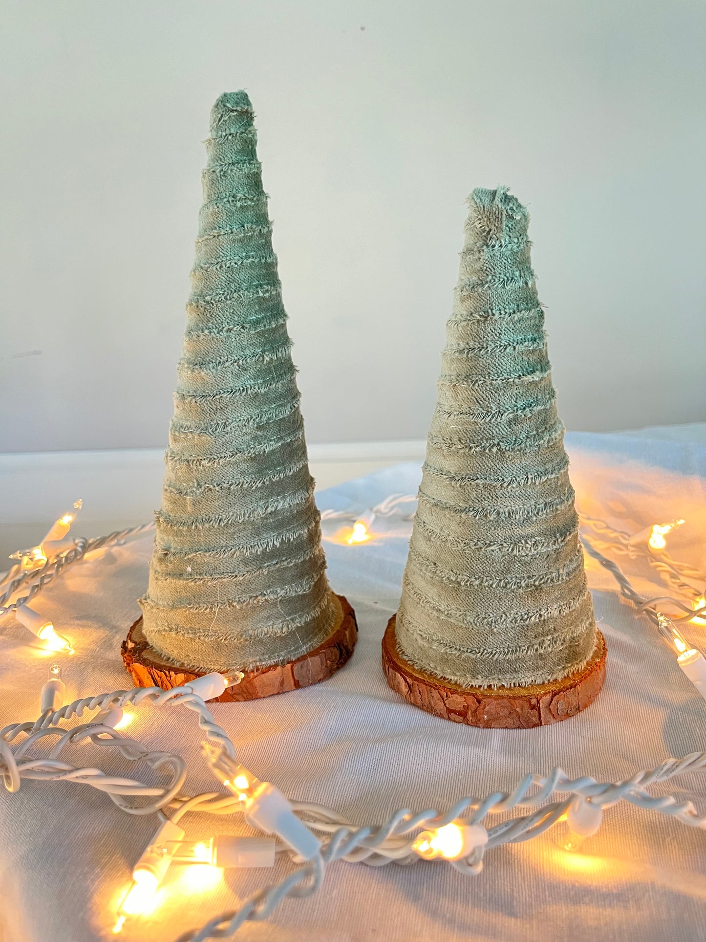 Sage Velvet Wrapped Wooden Cone Trees (Set of 2)
