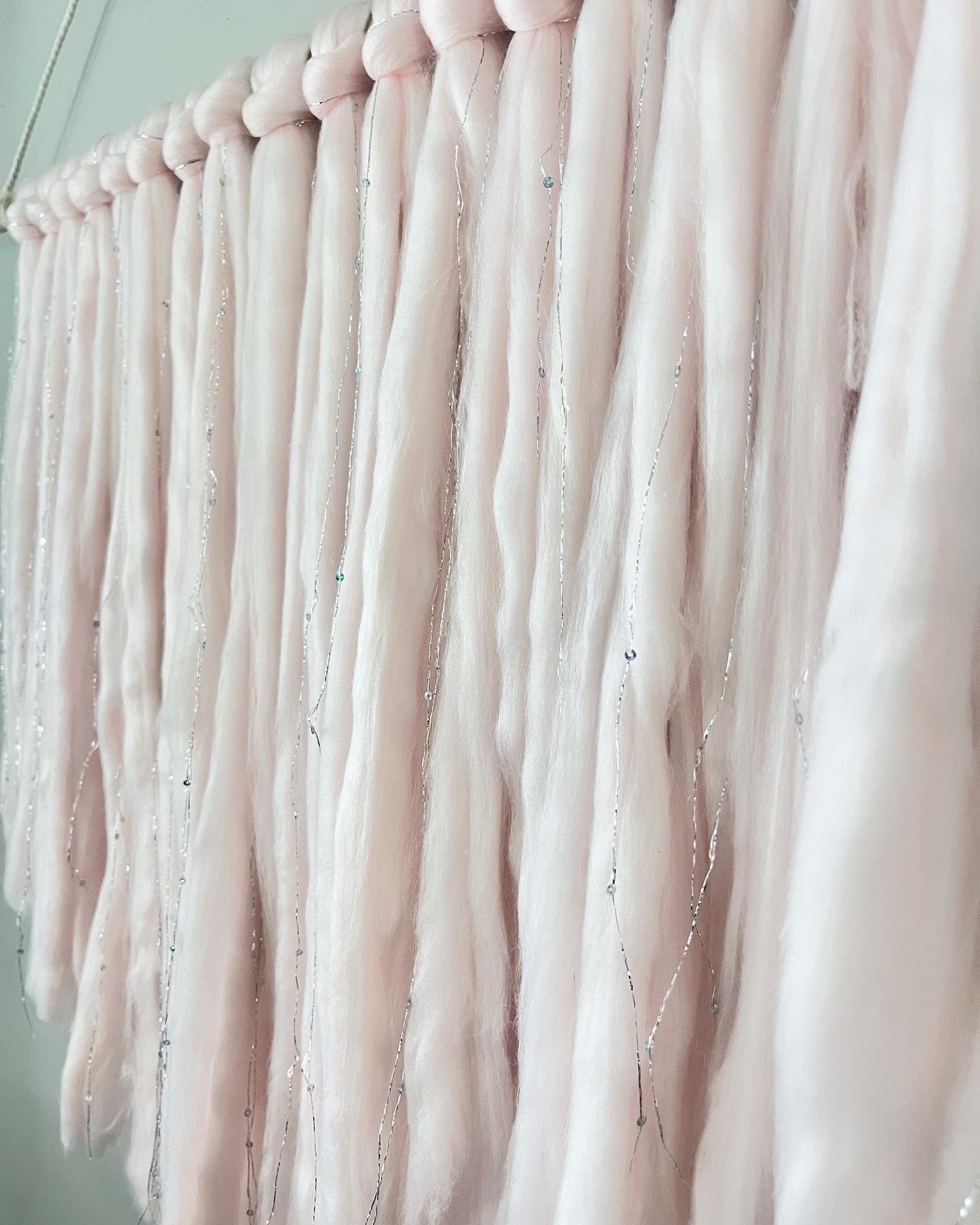 “Princesa” Blush Pink Silver Threaded Wool Roving Wall Hanging