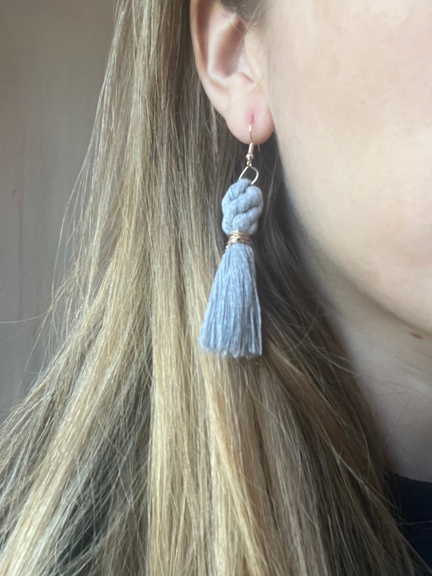 Grey and Rose Gold Braided Tassel Earrings