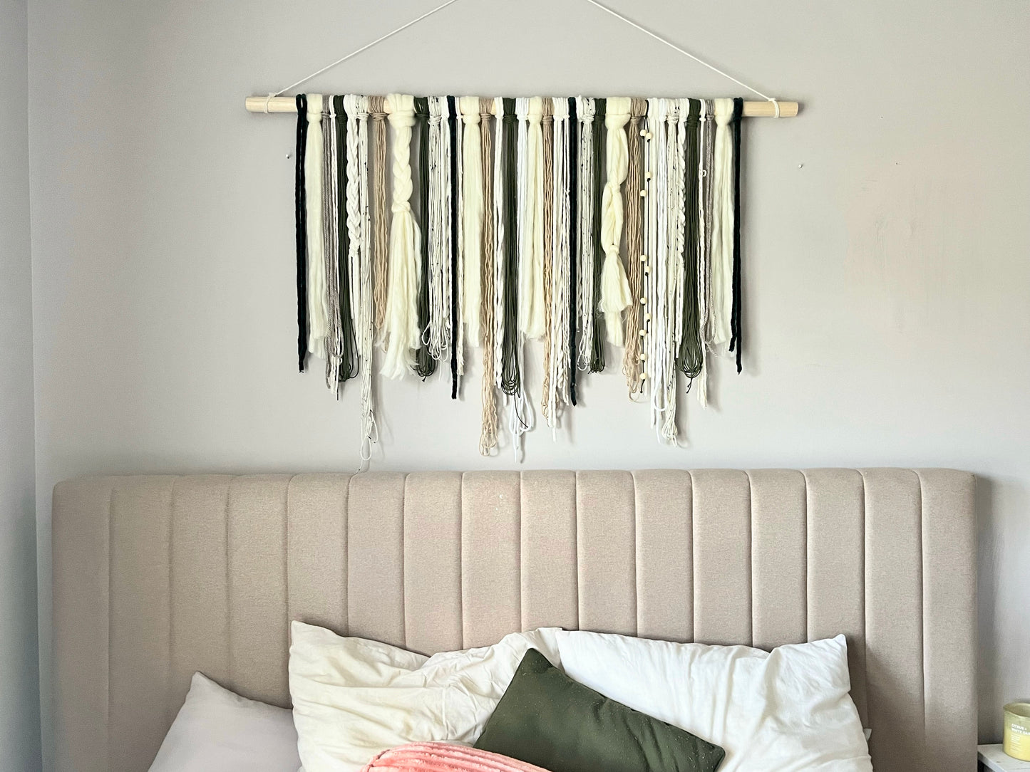 “Retreat” Boho Modern Wall Hanging in Ivory, Cream, Tan, and Olive