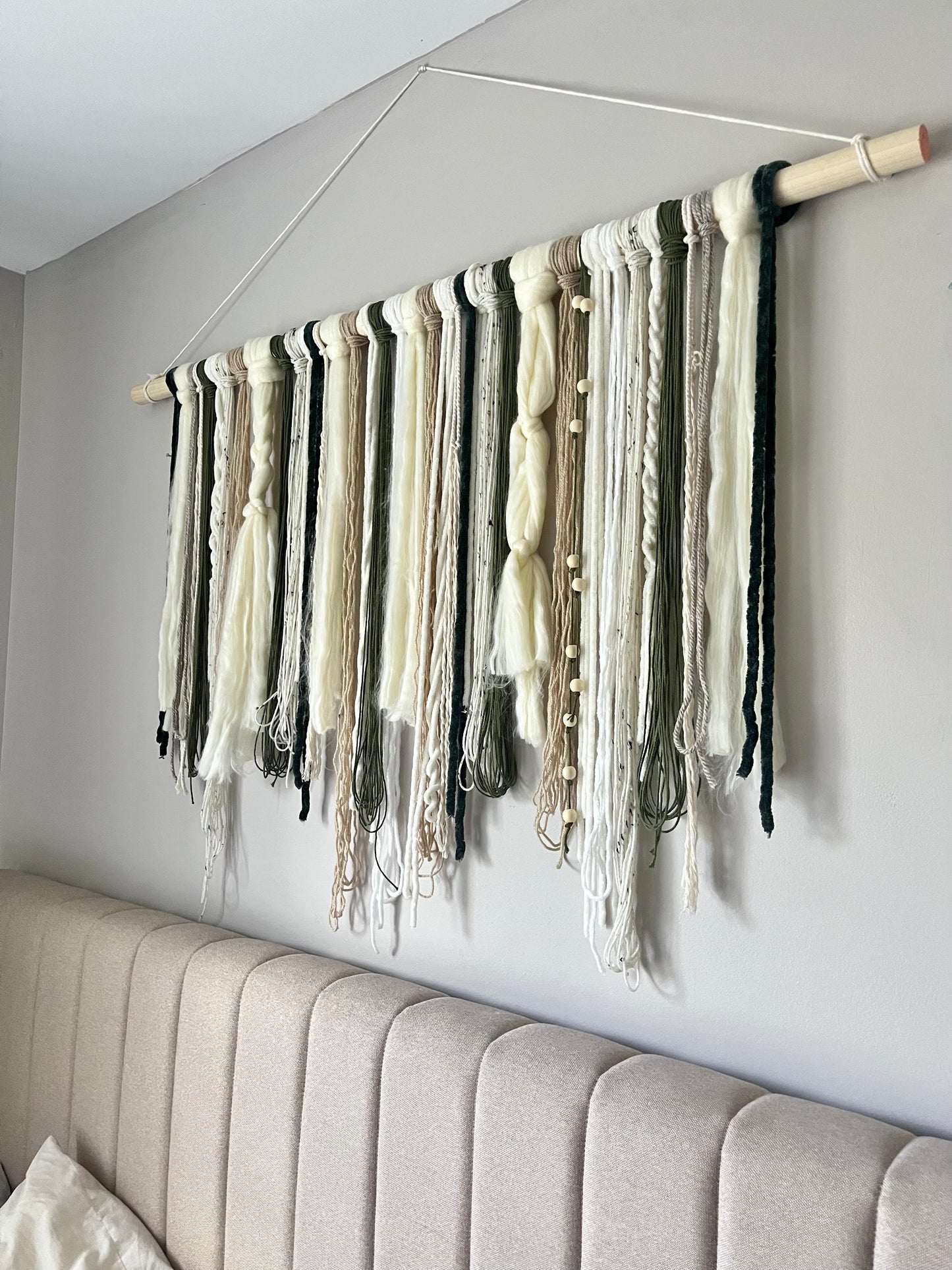 “Retreat” Boho Modern Wall Hanging in Ivory, Cream, Tan, and Olive