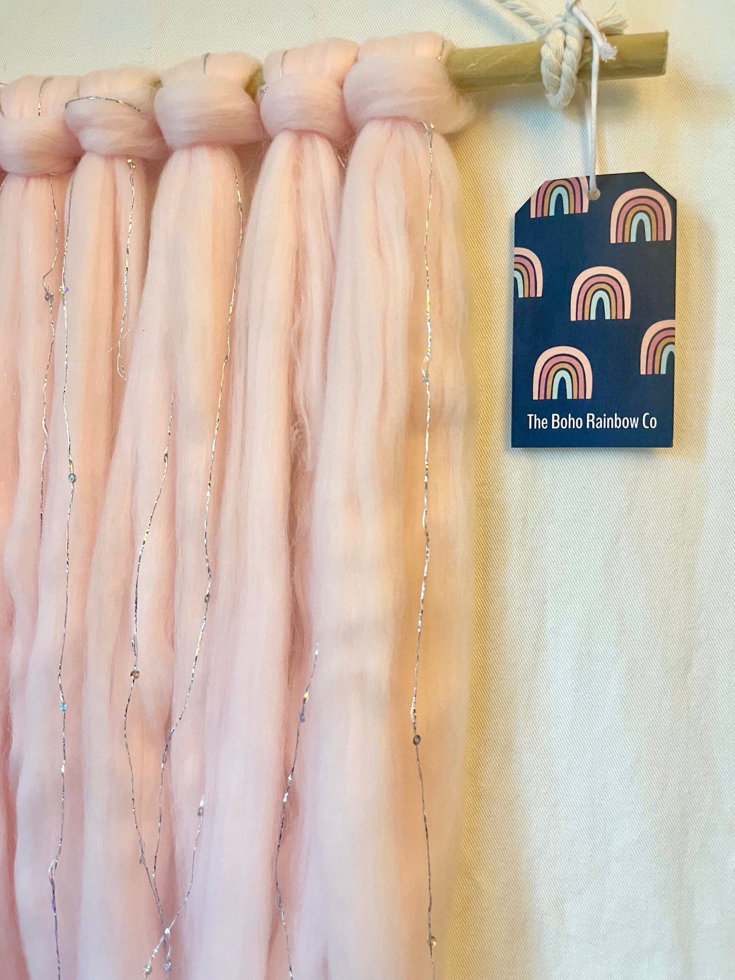 “Princesa” Blush Pink Silver Threaded Wool Roving Wall Hanging