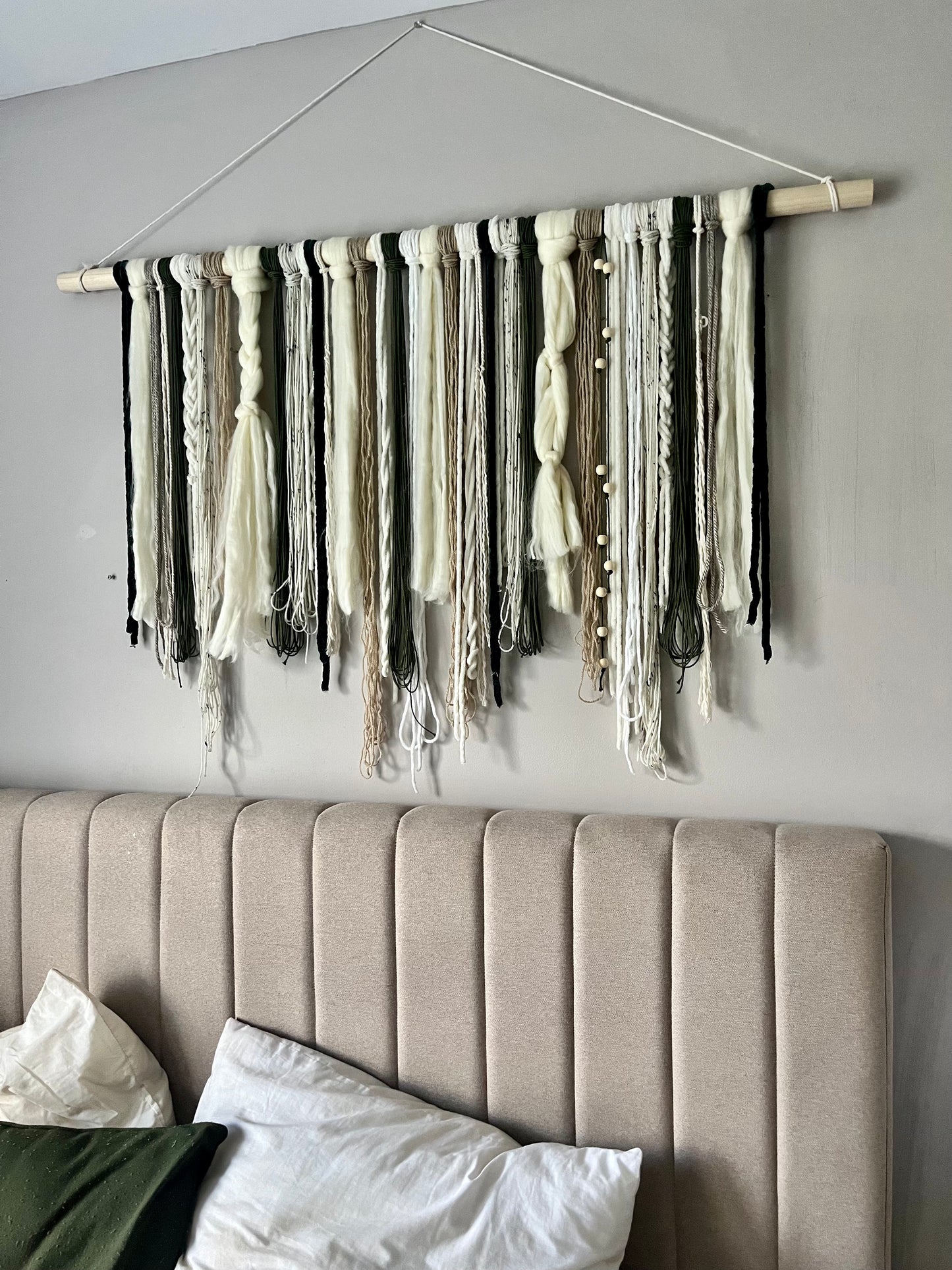 “Retreat” Boho Modern Wall Hanging in Ivory, Cream, Tan, and Olive