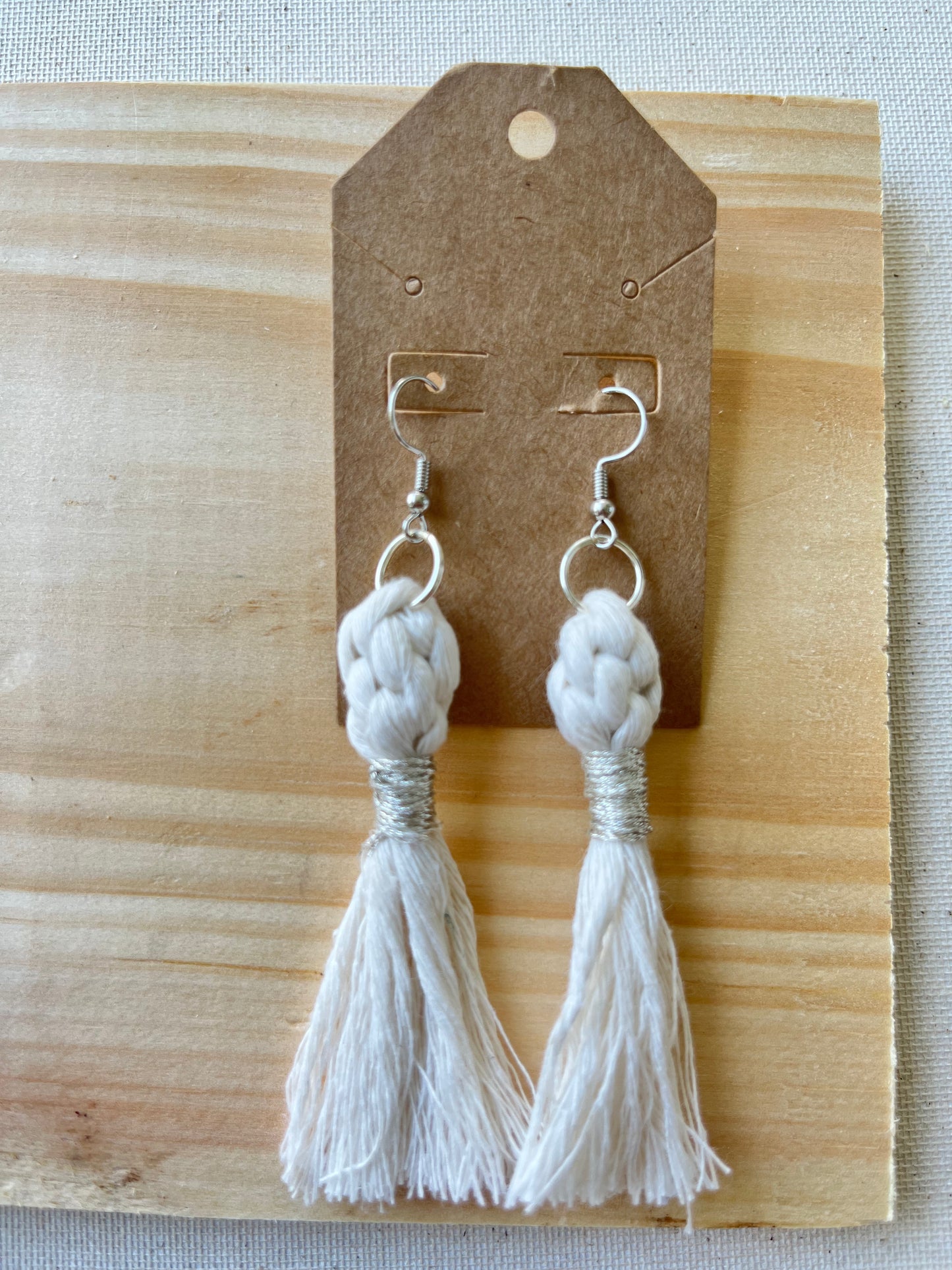 White Macrame Tassel Earrings with Silver Accents