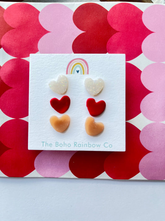 Shimmery White, Red, Neutral Heart Studs