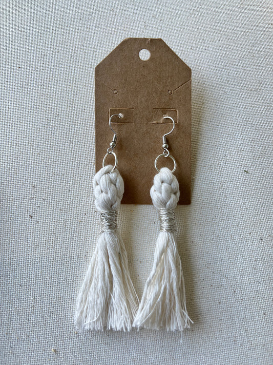 White Macrame Tassel Earrings with Silver Accents